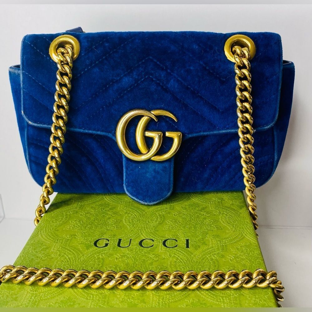 GUCCI GG MARMONT VELVET in Cobalt Blue Shoulder Bag Small. Authentic.
